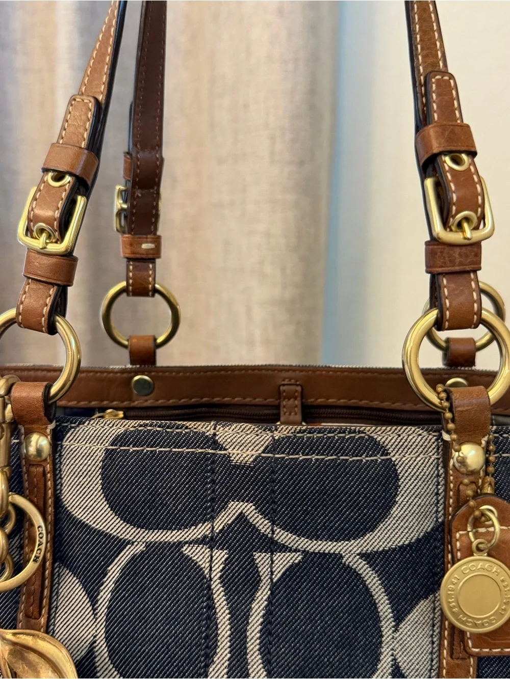 Coach Blue Signature Denim Tote with Brown Leather Trim